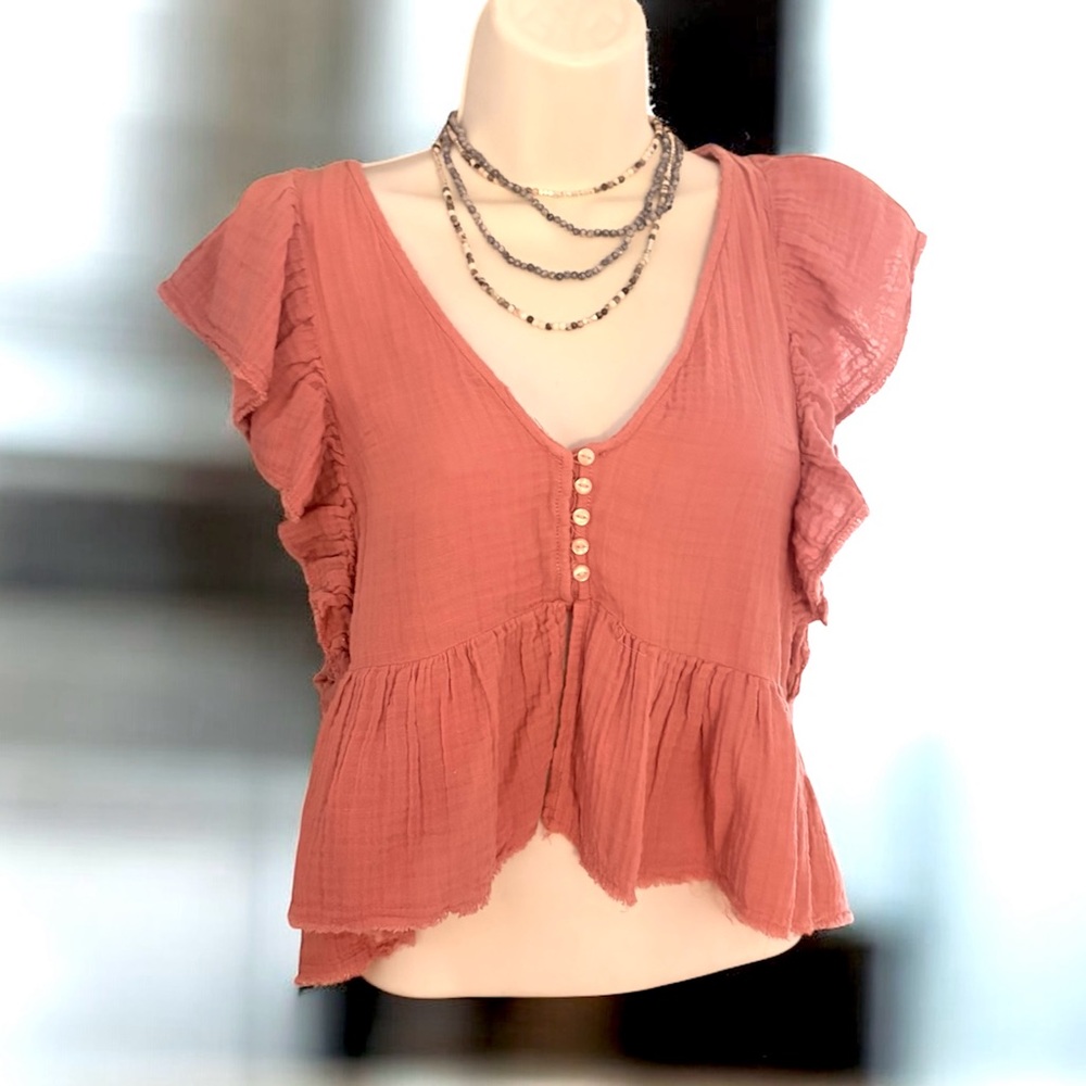 American Eagle New w/ Tags, Flutter Sleeves Light Brick Colored Button Top XS